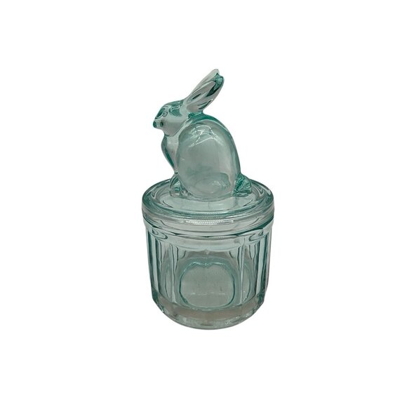 Aqua Colored Art Glass Bunny Trinket Jar Candy Dish 2 Piece Round Ribbed  VTG - Picture 1 of 16